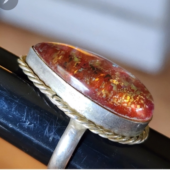 Stunning Sterling Silver Pink Dragon Breath Opal Teardrop Ring Sz 8.5 Cocktail - Picture 6 of 9